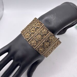 Vintage Wide Filigree Gold Tone Bracelet Intricate Tile Design Floral Egyptian